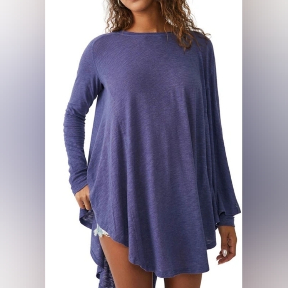 We The Free Long‎ Sleeve Top Relaxed Tunic Tee XS Blue Asymmetrical Hem Runs Big
